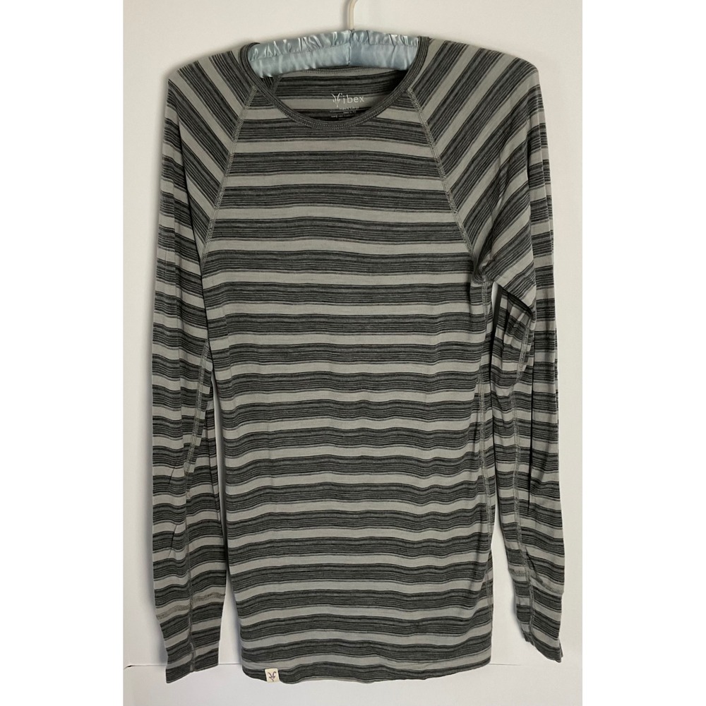 Ibex Mens Large 100% Merino Wool Long Sleeve Striped Raglan Tee Grey Base Layer